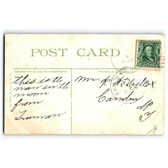 Paper Crescent Moon Postcard 1908 Spooning On The Moon Stars Women Man WGM 170 - Picture 2 of 2